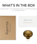 Box contents of 30 Pack Antique Brass Cabinet Knobs 1-1/4 Inch Diameter with screws and service card