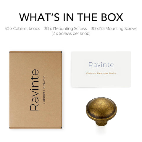 Box contents of 30 Pack Antique Brass Cabinet Knobs 1-1/4 Inch Diameter with screws and service card