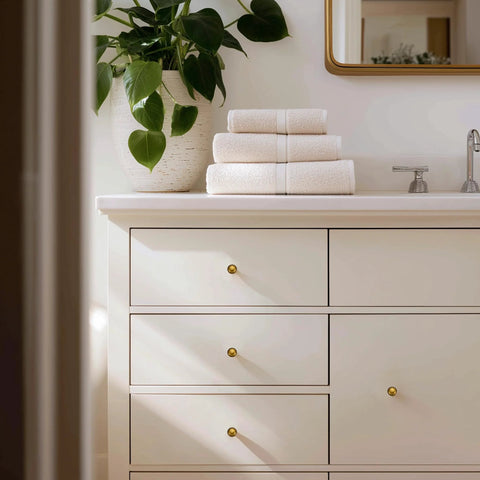 Bathroom cabinet with 30 Pack Antique Brass Cabinet Knobs 1-1/4 Inch Diameter Round Solid Zinc Alloy Drawer Pulls installed, plant on countertop.