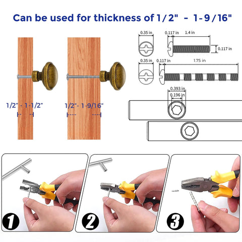Installation instructions for 30 Pack Antique Brass Cabinet Knobs 1-1/4 Inch Diameter showing measurement and assembly guide