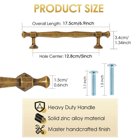 Antique Brass Cabinet Pulls 5 Inch Center To Center Zinc Alloy Solid Drawer Handles with M4 Screws Product Size Overview