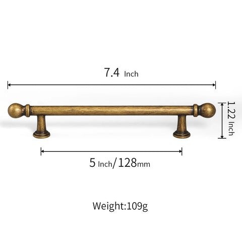 Antique Brass Cabinet Pulls Set Of 10 5 Inch Hole Center Solid Zinc Alloy Handles with dimensions and weight displayed.