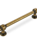Antique brass cabinet pull handle, 5 inch length, durable alloy, with smooth edges and vintage look for kitchen cabinets and drawers.