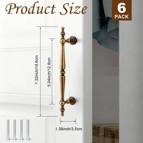 Antique Brass Cabinet Pulls Set Of 6, 7.32 Inch Long With 5.04 Inch Center-To-Center vintage drawer handle on door, product dimensions shown