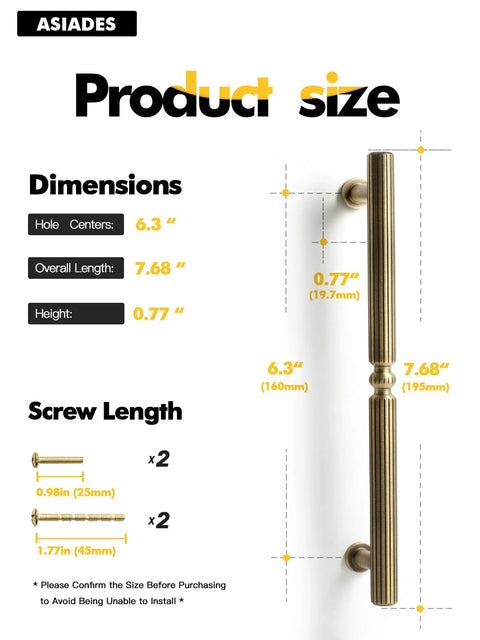 Antique Brass Cabinet Pulls 6.3 Inch Hole Center 160mm size diagram with dimensions and screw lengths