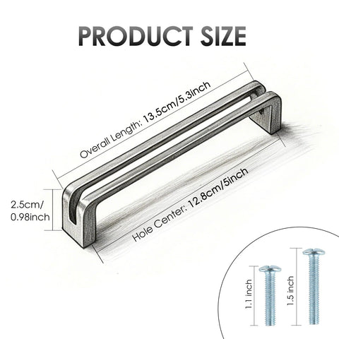 Diagram of Antique Brass 5 Inch Hole Center Heavy Duty Solid Cabinet Pulls with size measurements, screws shown