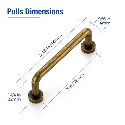 Antique Brass Cabinet Pulls 3 Inch Center 10 Pack Zinc Alloy Handles dimensions and measurements in vintage style hardware.