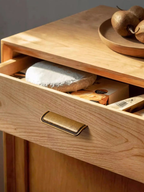 Open wooden drawer with Five Pack 5 Inch Antique Brass Cabinet Cup Pulls For Kitchen And Bath, Durable Zinc Alloy Handles, installed.