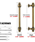 Image shows two 10 Pack Antique Brass Cabinet Pulls 5 Inch Drawer Handles with dimensions and included screws.