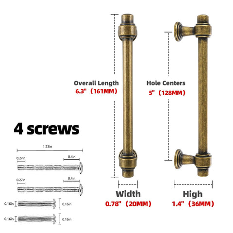 Image shows two 10 Pack Antique Brass Cabinet Pulls 5 Inch Drawer Handles with dimensions and included screws.