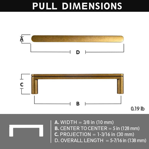 Dimensions for Antique Brass Cabinet Pulls Set Of 6, 5 Inch Center To Center, Minimalist Vintage, weathered rustic finish.