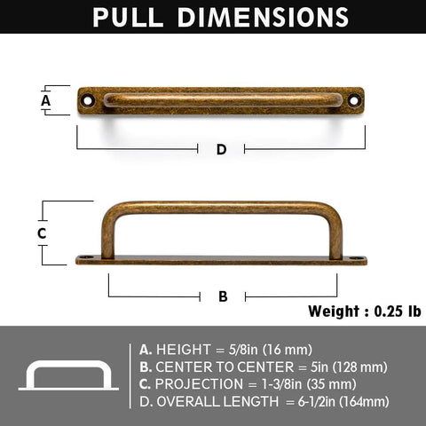 Dimensions diagram of Set Of 12 Antique Brass Cabinet Pulls With Back Plates, Center To Center 5 Inch Length, 5/16 Inch Diameter.