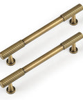 Five Pack Antique Solid Brass Cabinet Handles 5 Inch Center To Center Dresser Drawer Pulls Brushed Bronze Finish hardware displayed.