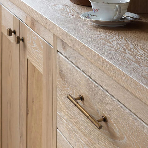 Antique Brass Cabinet Pulls Set Of 10, 3-3/4 Inch Hole Center Solid Zinc Alloy Dresser Drawer Handles installed on wooden cabinets