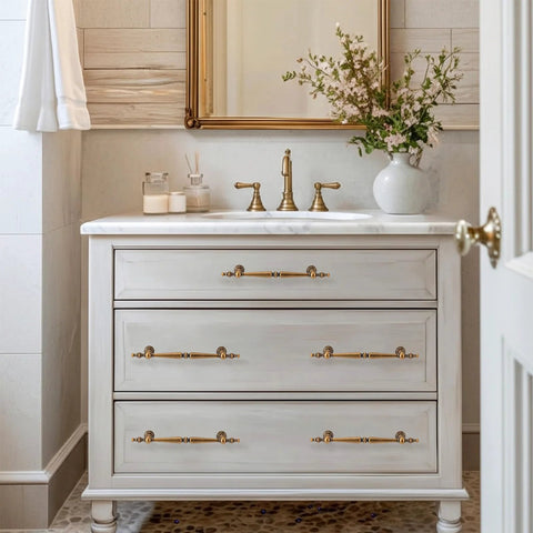 Antique Brass Cabinet Pulls Set Of 6, 7.32 Inch Long With 5.04 Inch Center-To-Center installed on bathroom dresser, vintage style.
