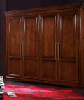 Wooden wardrobe with Antique Brass 5 Inch Hole Center Heavy Duty Solid Cabinet Pulls Square Kitchen Drawer Handles, vintage style, installed.