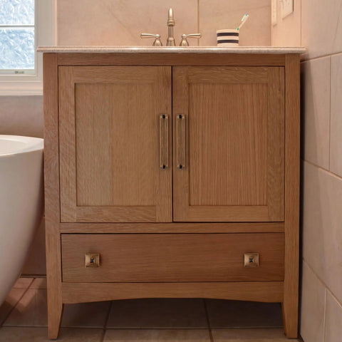 Bathroom cabinet with Antique Brass 5 Inch Hole Center Heavy Duty Solid Cabinet Pulls Square Kitchen Drawer Handles, vintage style.
