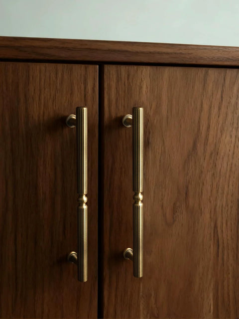 Antique Brass Cabinet Pulls 6.3 Inch Hole Center 160mm installed on a wooden cabinet, featuring solid brass construction and vintage design.