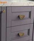 Brushed Antique Brass Cabinet Pulls 6 Pack 3 Inch Vintage Half Moon Sunflower on gray kitchen drawer