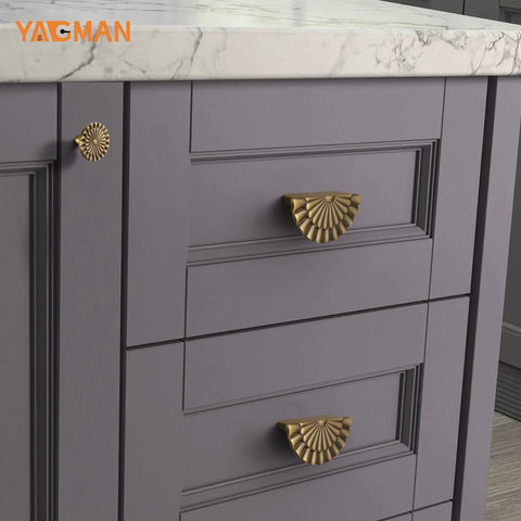 Brushed Antique Brass Cabinet Pulls 6 Pack 3 Inch Vintage Half Moon Sunflower on gray kitchen drawer