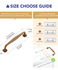Size guide for 5 Pack 5 Inch Antique Brass Kitchen Cabinet Handles Solid Zinc Alloy Cabinet Pulls with mounting instructions.