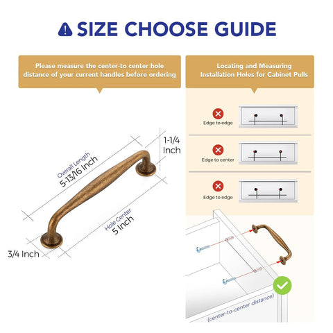 Size guide for 5 Pack 5 Inch Antique Brass Kitchen Cabinet Handles Solid Zinc Alloy Cabinet Pulls with mounting instructions.