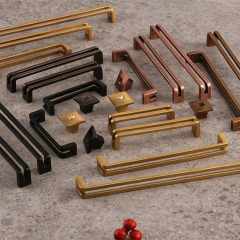 Collection of cabinet pulls including Antique Brass 5 Inch Hole Center Heavy Duty Solid Cabinet Pulls Square Kitchen Drawer Handles Six Pack