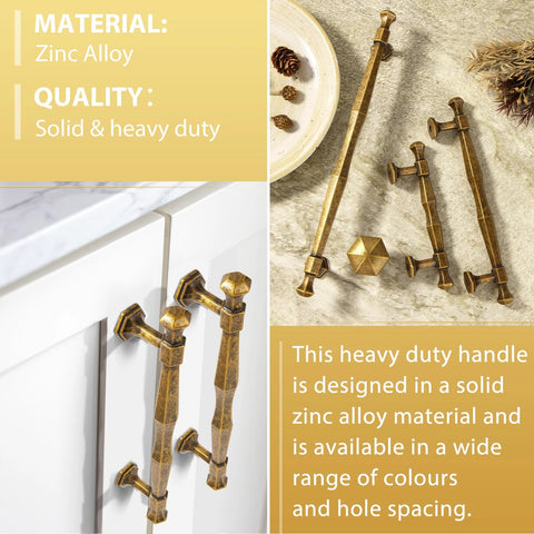 Antique Brass Cabinet Pulls 5 Inch Center To Center Zinc Alloy Solid Drawer Handles 6 Pack, close-up and installed on cabinet