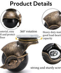 Close-up of antique brass ball caster wheels with PP material, showing 360-degree mobility and screws for furniture use.