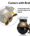 Close-up of Eight Pack 2 Inch Antique Brass Ball Caster Wheels With Brakes showing brake lever and swivel ball design.