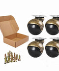 Ball Caster Wheels Set Of 4, 2 Inch Swivel Furniture Castors With Antique Brass Top Plate, hardware and box visible