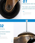 Close-up of Antique Brass Casters Wheels Set 2 Inch With Brake Rubber Stem Casters For Vintage Furniture Replacement 5/16 By 1-1/2 Inch Stem 8 By 38 Millimeters Steel Frame Electroplated Bronze Finish showing rubber wheel and metal stem.