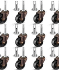 12 Set Antique Brass Casters With Rubber Wheels For Furniture Legs 2 Inch Wheel Diameter Vintage Stem Replacement Rollers
