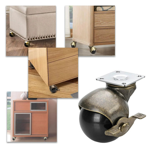 2 Inch Antique Brass Ball Casters With Brake Set Of 4 on furniture, highlighting smooth mobility and floor-friendly design