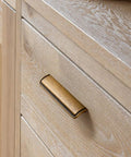 Installed view of Five Pack 5 Inch Antique Brass Cabinet Cup Pulls For Kitchen And Bath, Durable Zinc Alloy Handles on wooden drawer