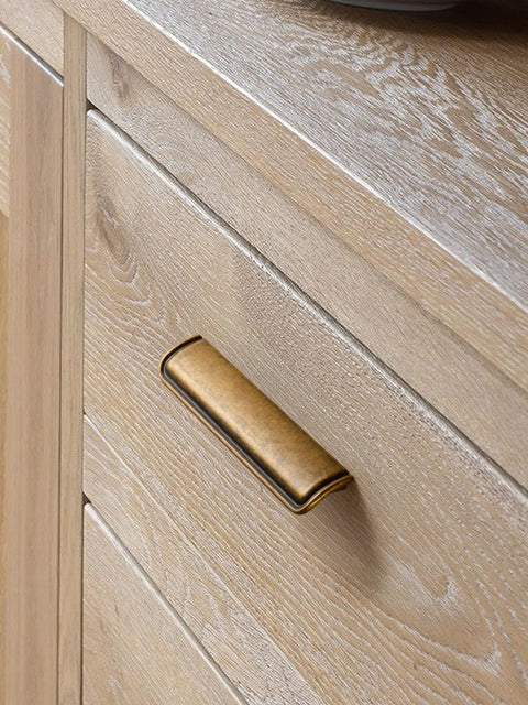 Installed view of Five Pack 5 Inch Antique Brass Cabinet Cup Pulls For Kitchen And Bath, Durable Zinc Alloy Handles on wooden drawer