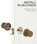 Installation of 4 Pack Antique Brass Privacy Door Knobs With Lock For Bedroom Or Bathroom, shown with parts aligning on a door.
