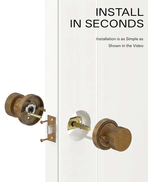Installation of 4 Pack Antique Brass Privacy Door Knobs With Lock For Bedroom Or Bathroom, shown with parts aligning on a door.