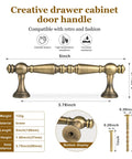 2 Pack Antique Brass Cabinet Drawer Pulls 3.75 Inch Vintage Bronze Bar Style Furniture Handles with dimensions and material details.