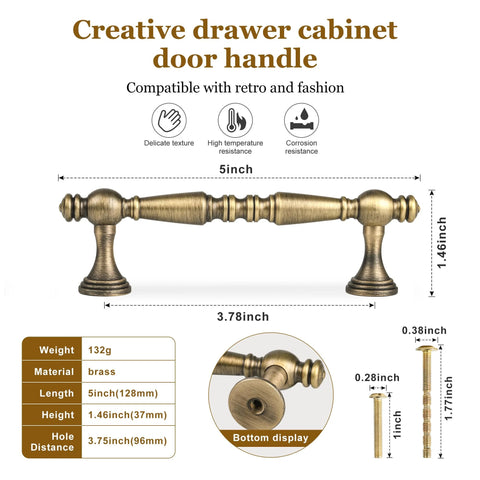 2 Pack Antique Brass Cabinet Drawer Pulls 3.75 Inch Vintage Bronze Bar Style Furniture Handles with dimensions and material details.