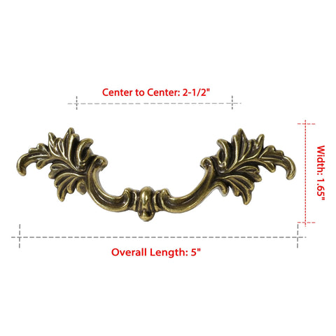Antique Brass Drawer Pulls Set Of 6 With Leaf Inspired Design For Dresser Cupboard And Bedroom Furniture, 2-1/2 Inch Hole Center