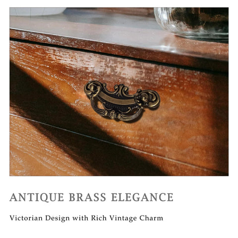 Antique Brass Drawer Pulls 8 Pack With 2-1/2 Inch Hole Centers on dresser showing Victorian style handle detail
