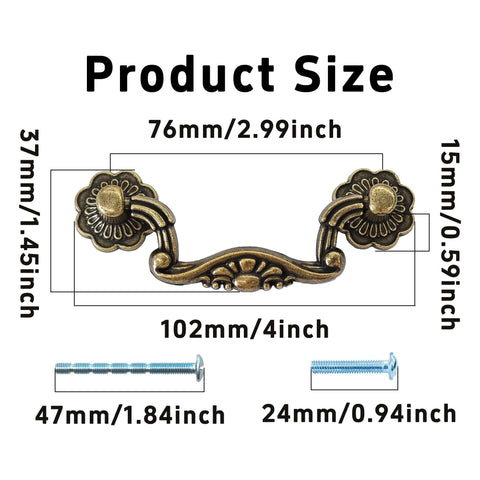 Dimensions of Vintage Drop Bail Pull Handles Two Pack with 76mm Center Holes Zinc Alloy Cabinet Hardware in Antique Brass