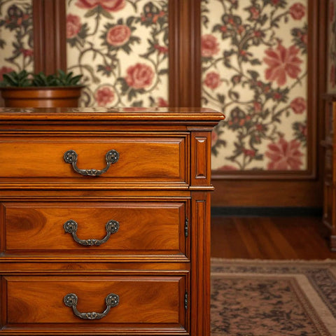 Wooden dresser with vintage style 4-Pack Antique Brass Drawer Pulls 4.5 Inch Center-to-Center Drop Bail Handles, ornate design
