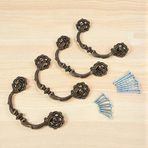4-Pack Antique Brass Drawer Pulls 4.5 Inch Center-to-Center Drop Bail Dresser Handles Vintage Style Bronze Look Hardware for Cabinets Desks