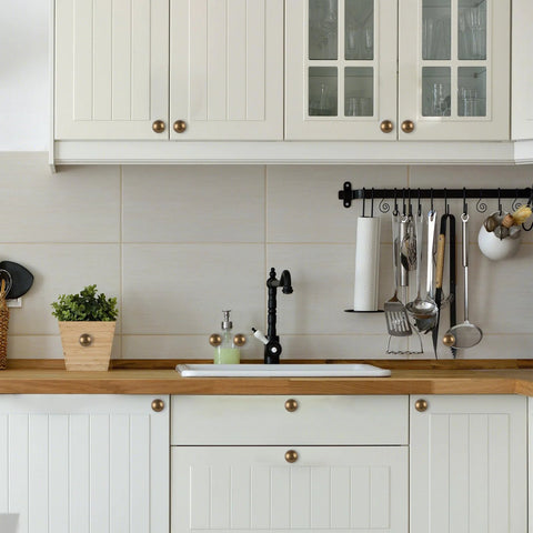Kitchen with Antique Brass Kitchen Cabinet Knobs Set Of 10 installed on white cabinets and drawers, durable alloy construction.