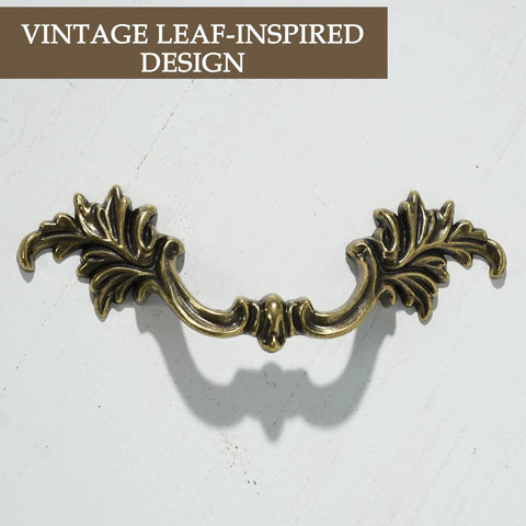 Antique Brass Drawer Pulls Set Of 6 With Leaf Inspired Design For Dresser Cupboard And Bedroom Furniture, 2-1/2 Inch Hole Center Handle