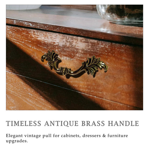 Antique Brass Drawer Pulls Set Of 6 With Leaf Inspired Design For Dresser Cupboard And Bedroom Furniture, installed on drawer
