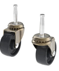 Two antique brass plated steel casters with plastic wheels, stem casters with ball bearings, 2-inch diameter, for furniture mobility.