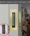 Recessed Finger Flush Pulls With Edge Pull In Antique Brass, 4.72 Inch Sliding Closet Door Handles installed on door